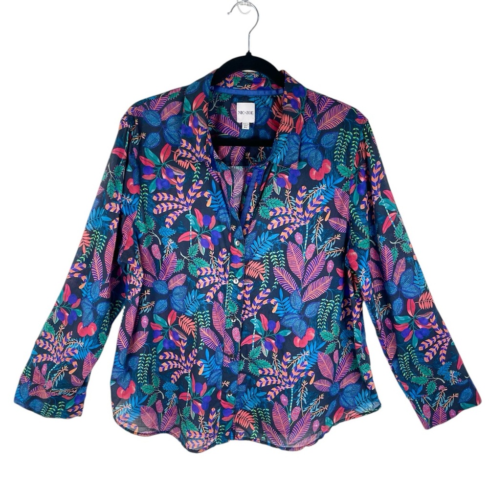NIC+ZOE Vibrant Garden Crinkle Shirt, Button Down Rio Floral Cotton Petite Large